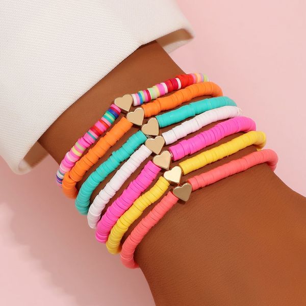 7PCS Surfer Heishi Bracelets Set Beads Strands Rainbow Gold Love Heart Charm Stretch 4mm Soft Clay Stackable Boho Wristbands Gifts Summer Be