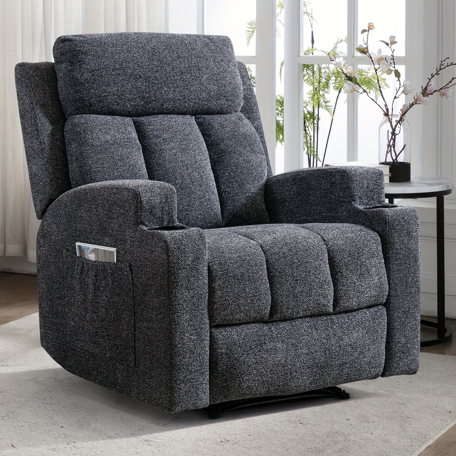 TEMU Modern Manual Massage Recliner With Heating Function - Ultra-breathable Fabric Single-seat Sofa Lounge Chair With Side Pockets & Cup Holders