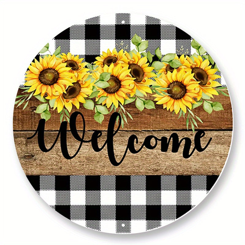 TEMU 1pc Sunflower Welcome Sign, Round Aluminum Metal Wall Decor, Buffalo Check Design, With Wreath Hanger, For Portrait Orientation, No Electricity