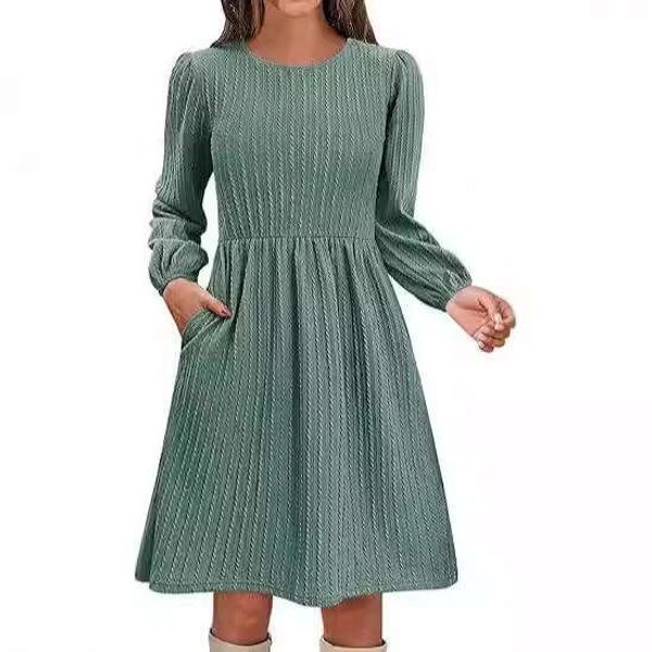 2024 new jacquard round neck knitted long sleeved dress autumn fashion bubble sleeve canopy
