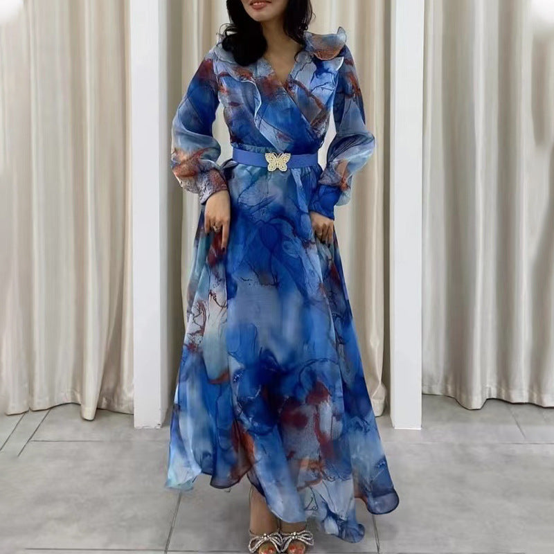 (343) Spring and summer new style printed large swing mesh dress commuting large size women&#039;s dress