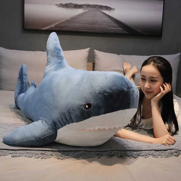 Giant blue shark plush toy filled with soft cartoon marine animal dolls baby hugs pillows sofa cushions cute childrens birthday giftsW240815
