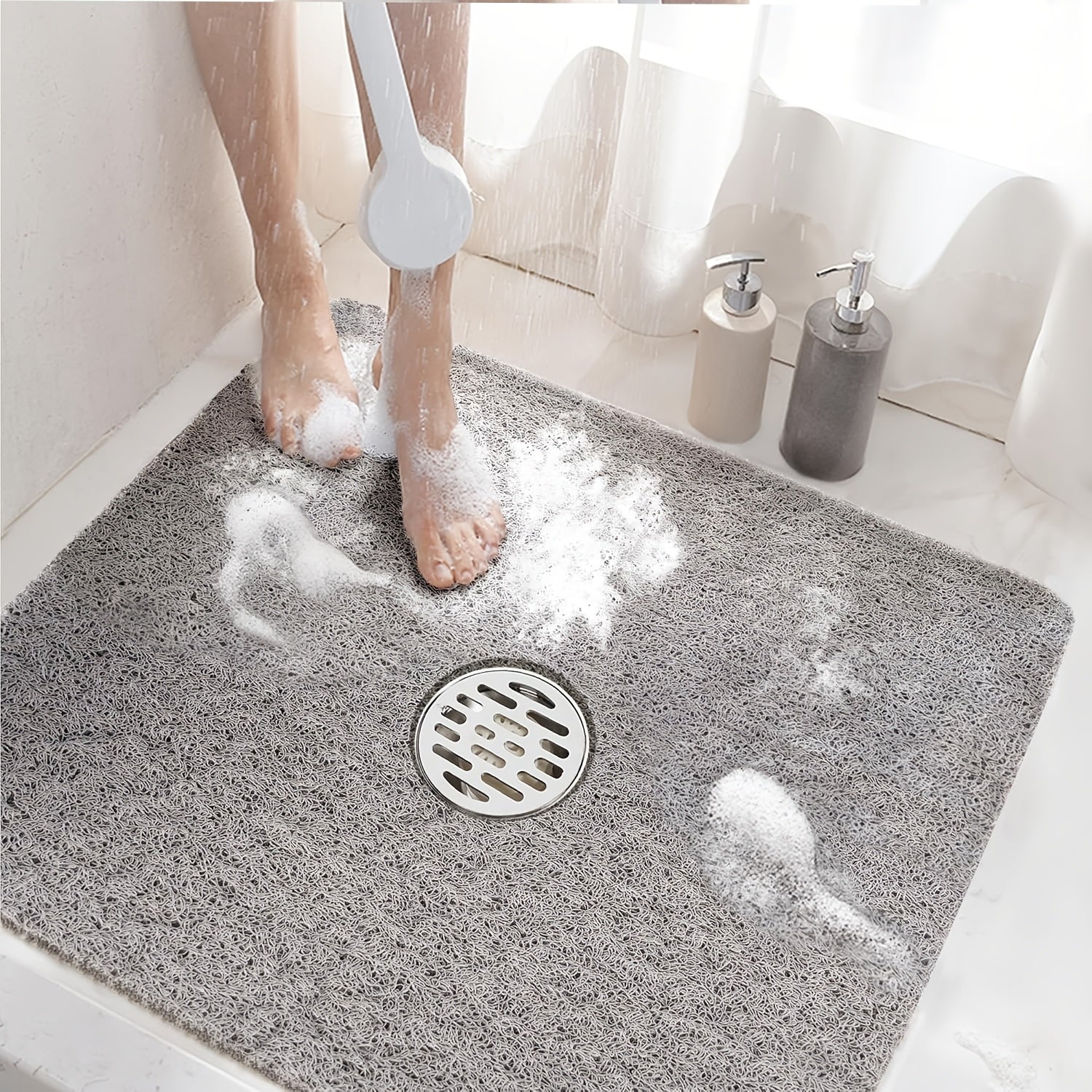TEMU Square Shower Mat, Non Slip Bath Mat For Tub, Soft Pvc Loofah Bathtub Mats With Drain Holes, Quick Drying Bathroom Stall Floor Mat Without
