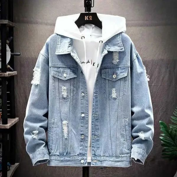 Men Denim Jacket 2025 Ripped Hole Single Breasted Coats Spliced Outerwear Jackets Pockets Casual Loose Washed Distressed 250121