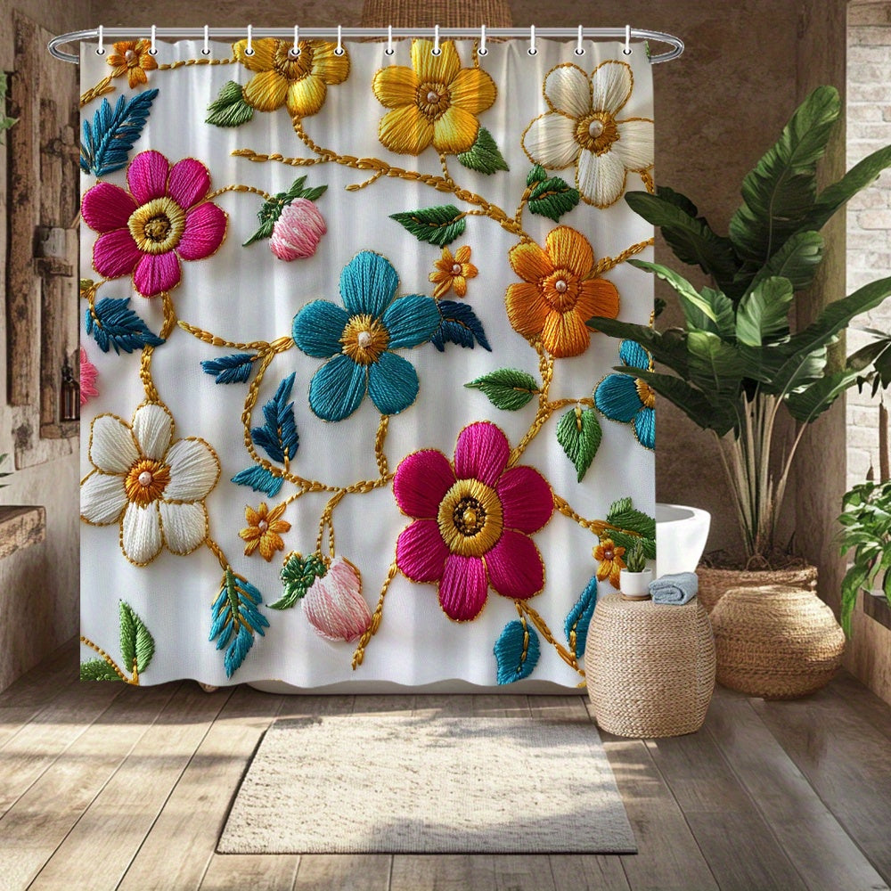 TEMU 1pc Floral Theme Printed Shower Curtain - White Fabric Printed With Vibrant Yellow, Pink, Blue, And Orange On White Fabric Polyester Fabric