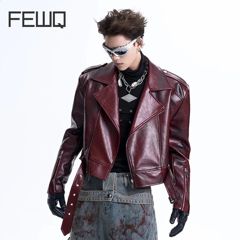 FEWQ Fuctional Mens Jackets Pu Leather Zippers Patchwork Belt Turn-down Collar Male Short Coats Autumn Trendy 24E2276 240918