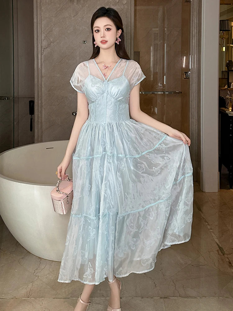 French Retro Long Dress Women Celebrity Sheer Mesh Print Short Sleeve Corset Large Swing Ball Gown Femme Party Banquet Vestidos