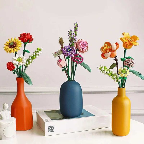 Blocks românticos Rose Flowers Bouquet Building Modelo de girassol Tijolos Creative Desktop Decoration Kids DIY Toys Girls Gifts H241107 Y25