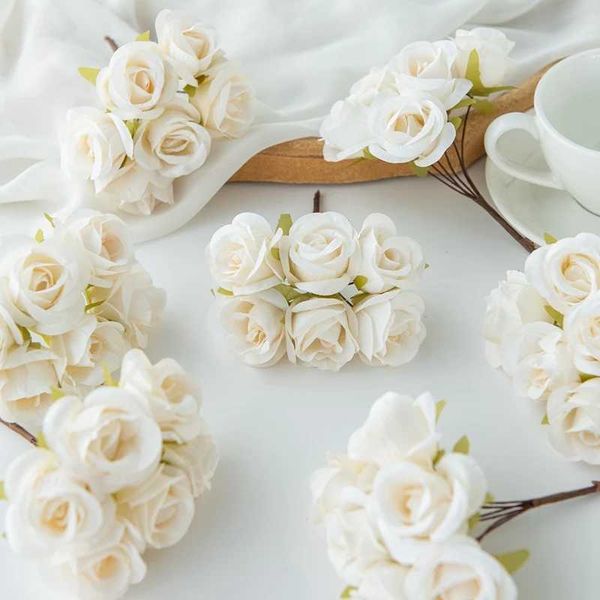 6PCS Artificial Flower Silk Small Rose DIY Wedding Bride Holding Flower Accessorie Home Bedroom Vase Decoration Christmas Wreath Y240801