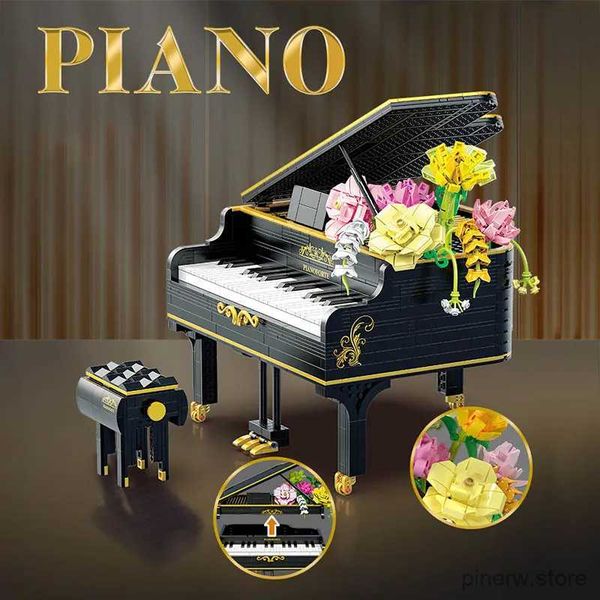 Blocks Creative Black Piano Pink Rose Bouquet Model Building Blocks Musical Instrument Construction Bricks Set Toys Children Adult Gift