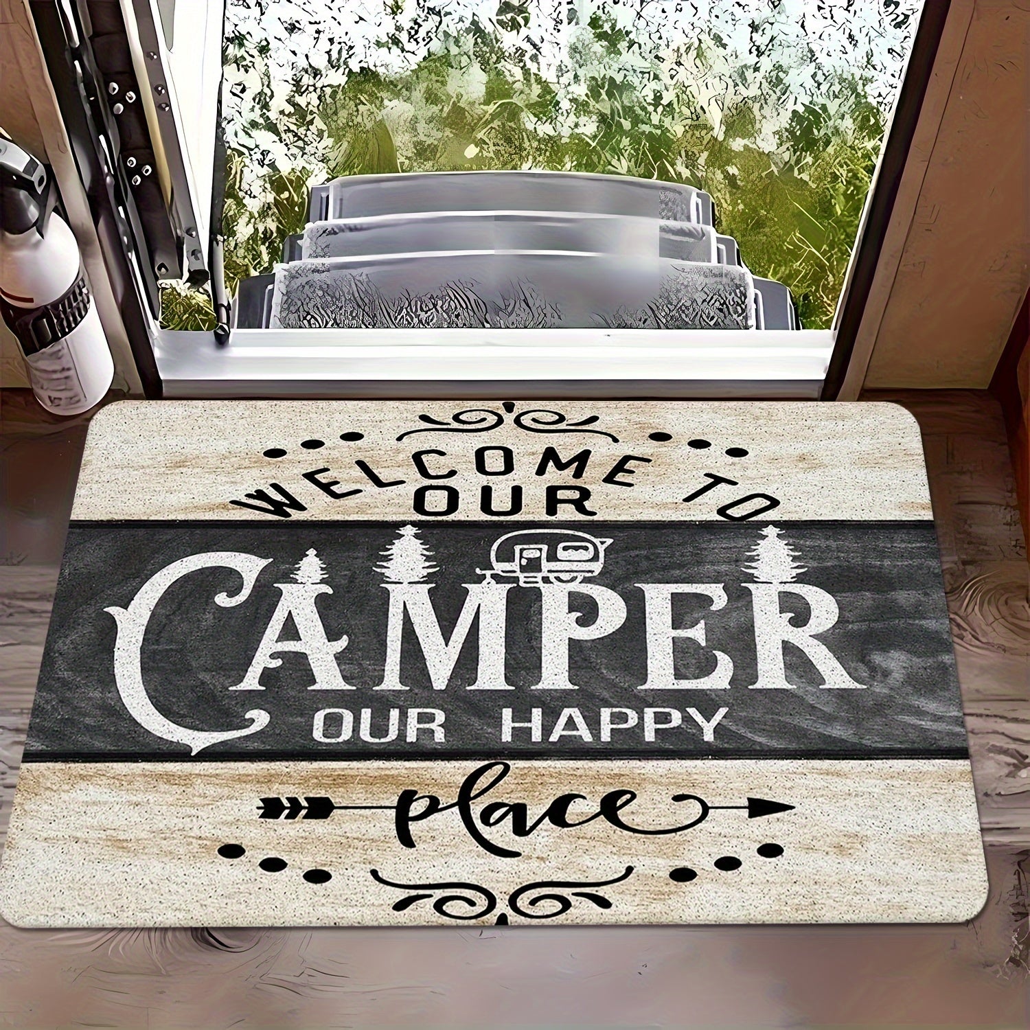 TEMU 1pc Luxury Flannel Floor Mat - Welcome To Our Design, Non-slip Rubber Backing & Hand Washable, Rustic Cabin Decor With Pine Trees & Vintage Rv
