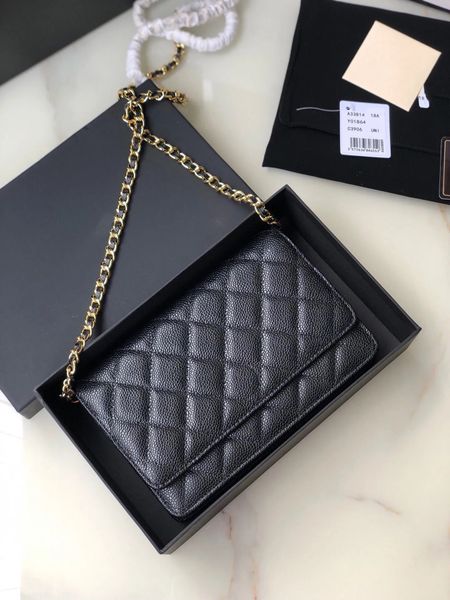 Mirror Quality Classic Wallet On Chain Bags Mini 19cm Flap Quilted Black Purse Women Genuine Leather Caviar Lambskin Handbags Crossbody Shou