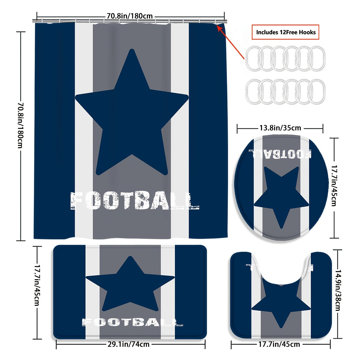 TEMU 4pcs Texas Curtain Sets, Football Bathroom Shower Curtain, Bath Mat, Toilet Lid Rug, Non-slip U Shape Mat, Athlete Championship Bathroom Decor