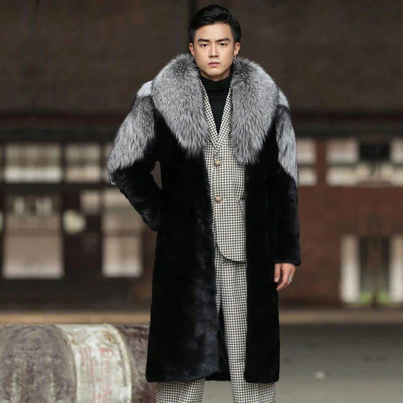 Winter mens silver fox fur collar fur coat long thick and warm windbreaker fashionable and elegant coat 240930
