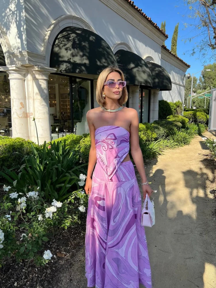 Sleeveless Printed TwoPiece Set Womens Skirt Suit Irregular Backless Tank Top High Waist Skirts Summer Vacation Outfit 250717