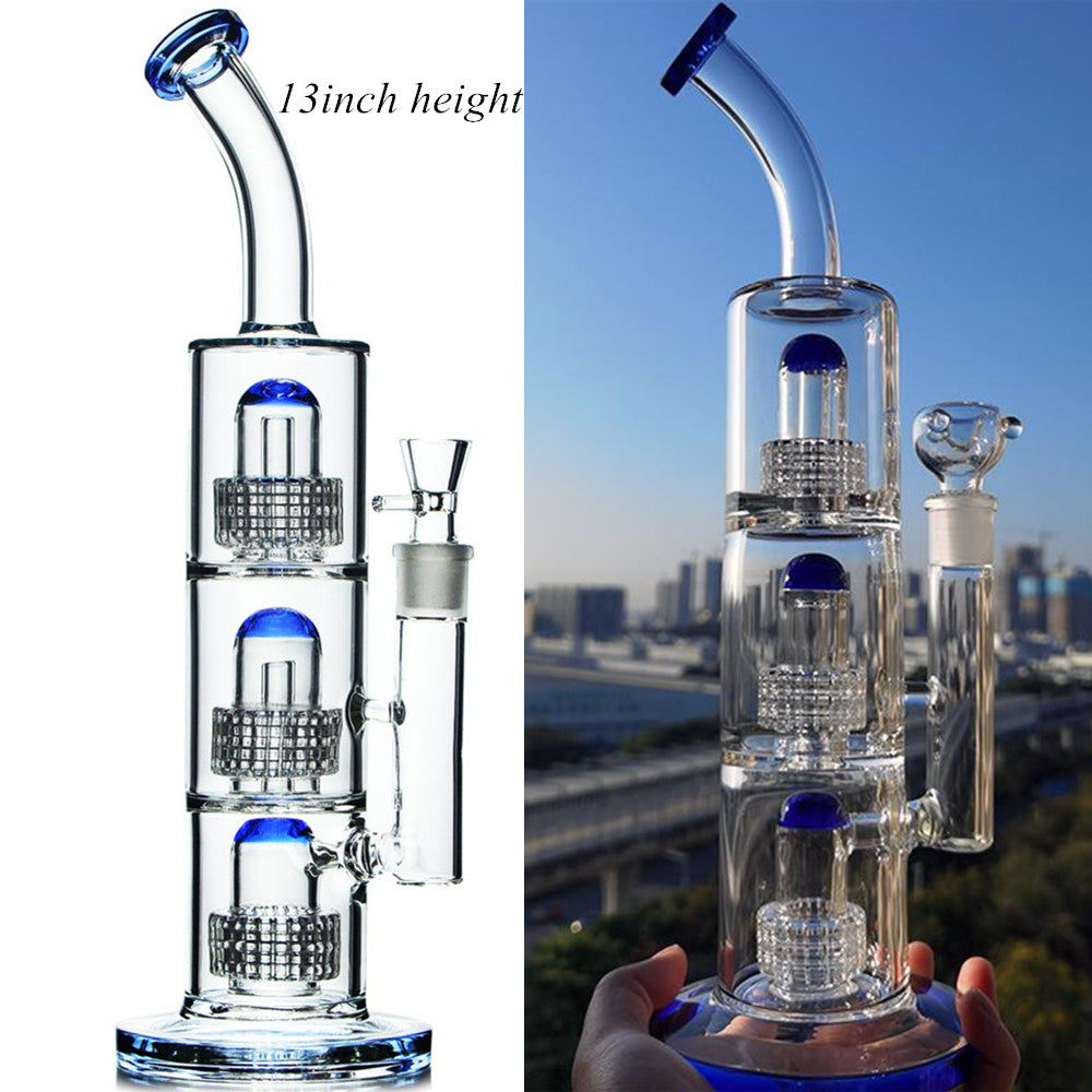 Blue Straight Tube Glass Bong Hookahs Thick Inline Perc Matrix Glass Water Pipes with Tire Heady Recycler Dab Rig Bubbler Smoking Shisha