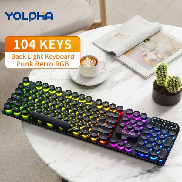 Keyboards 104keys Punk Retro Keyboard Rainbow Backlight Wired Keyboard RGB Backlit Breathing Light Gaming Ergonomic Keyboard for Office PC z
