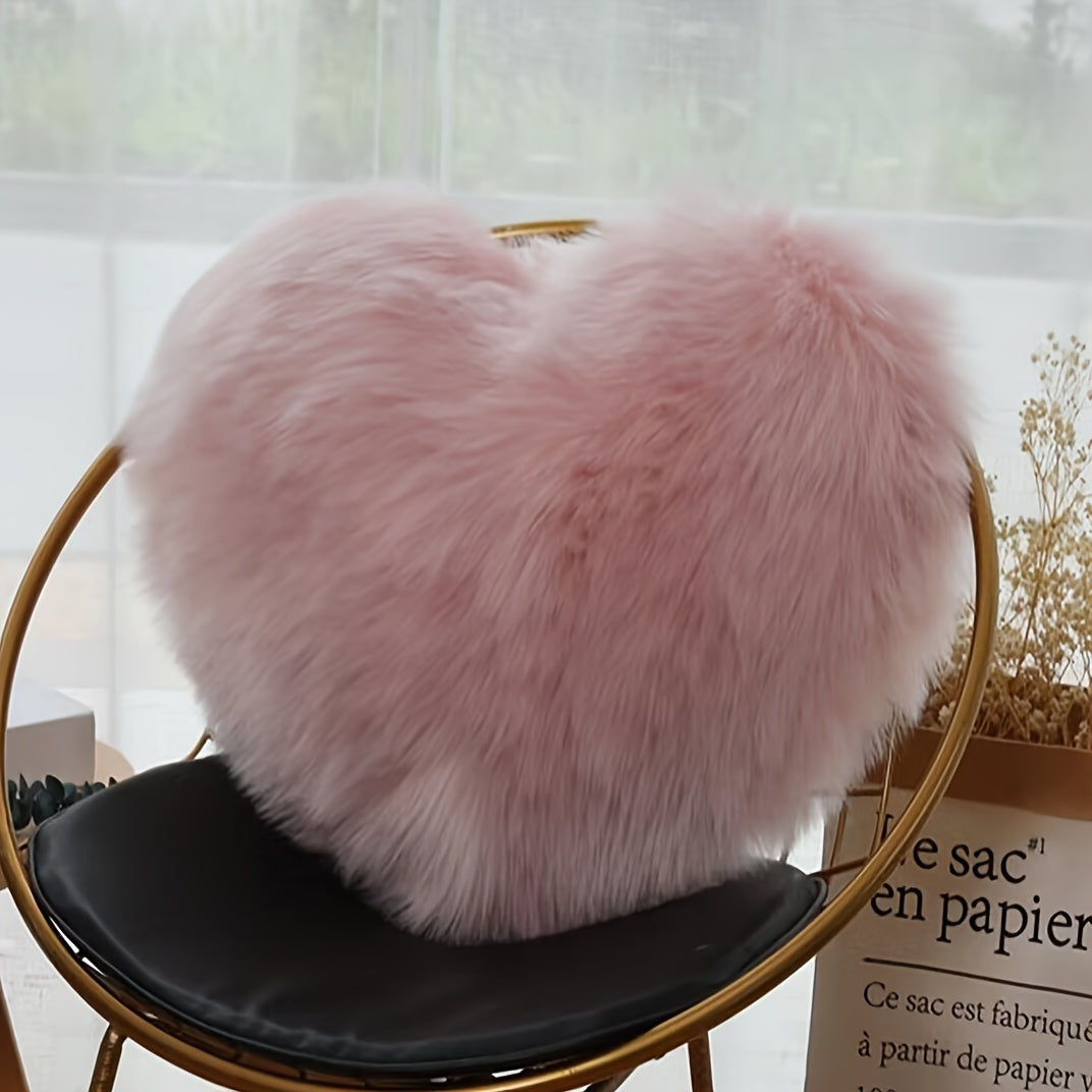 TEMU Heart-shaped Sheepskin Pillow Cover 43x43cm 5cm Thickness - Polyester Blend Fluffy Decorative For Sofa, Chair, Bed - Soft Long Pile Throw