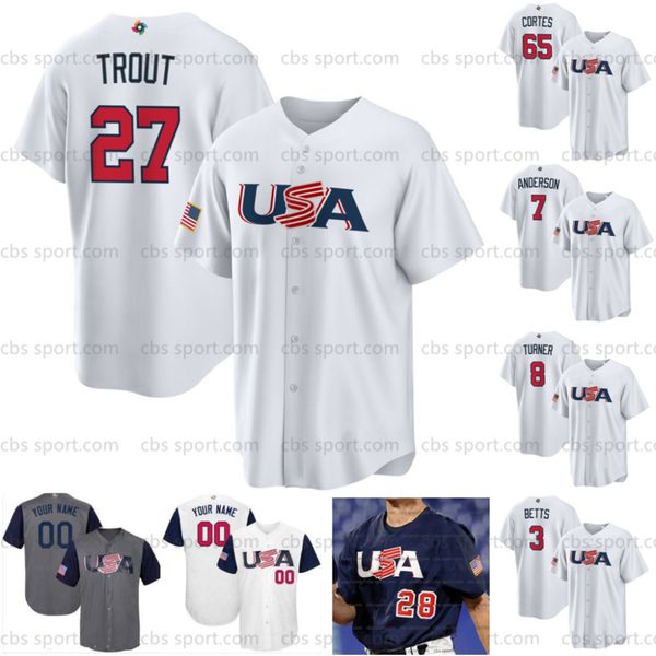 Team USA 2023 Baseball WBC Jersey Classic Mike Trout Bobby Witt Jr. Jeff McNeil Nolan Arenado Nestor Cortes Trea Turner Clayton Kershaw Real
