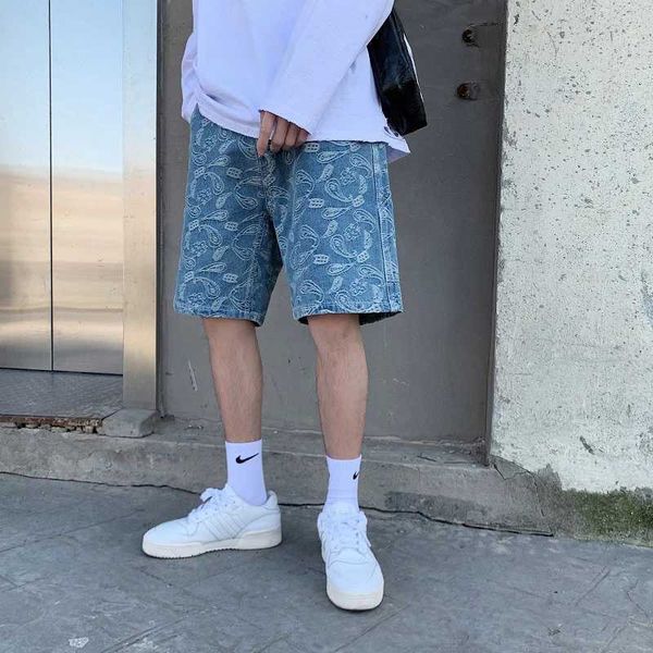 Men&#039;s Shorts TFETTERS 2024 Pocket Summer Denim Shorts Mens Cashew Flower Straight Rise Mens Skateboarding Fashion Mens Clothing Trend J