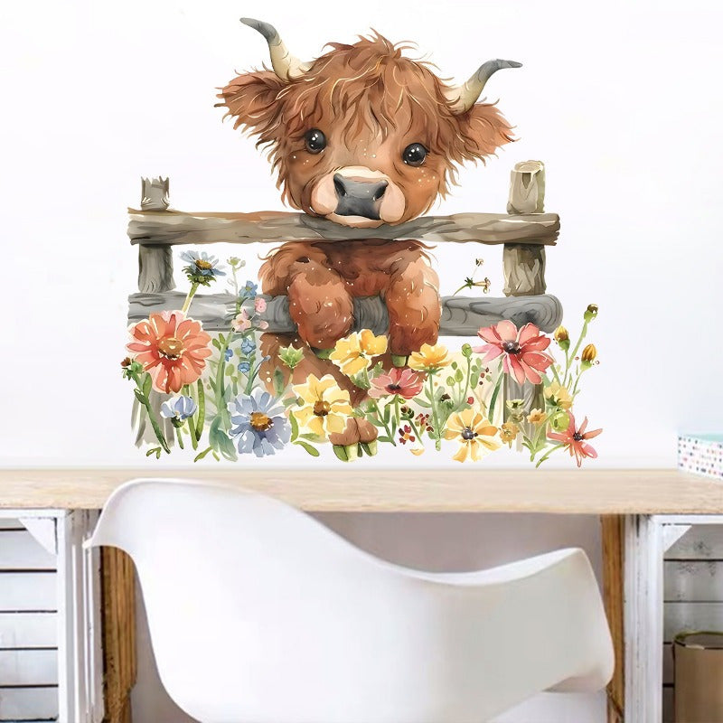 TEMU Adorable Highland Cow & Colorful Flowers Wall Decal - Rustic Farm Animal Sticker For Bedroom, Living Room, Hallway - Semi-matte Pvc,