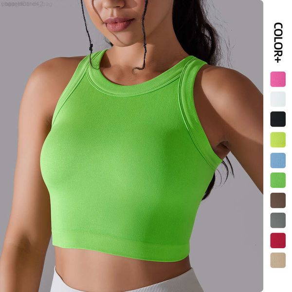 Seamless Knitted Solid Color Ribbed Yoga Tank Tops with Padded Bra Sports Sleeveless Vest Running Fitness Top for Women New