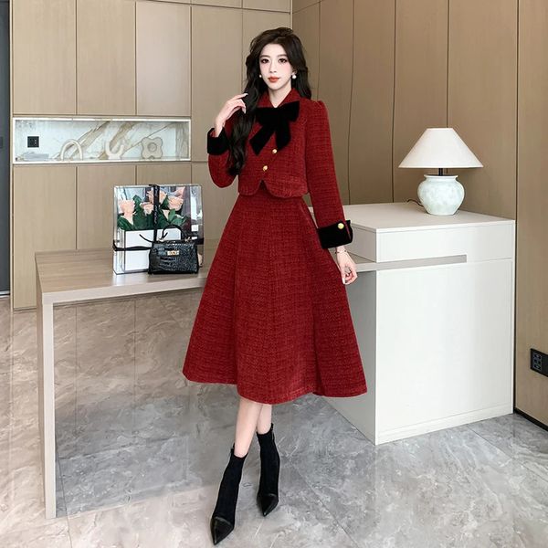 Chic High Quality 2 Piece Set Women Tweed Wool Autumn Winter Thick Warm Bow Coat JacketCasual Party Long Skirts Suits 241202