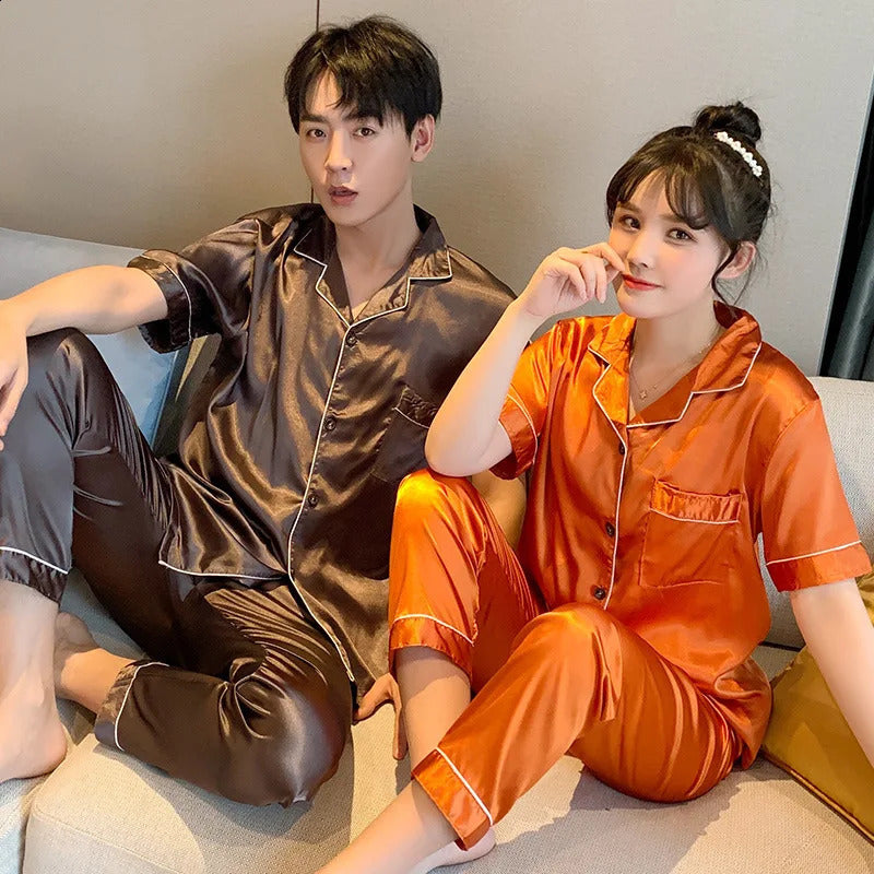 Summer Lovers Pyjama Suit Pajamas Couples Silk Sleepwear Satin Nightgown Women Short Sleeve Pijamas Men Lounge Plus Size Pj Set 240726