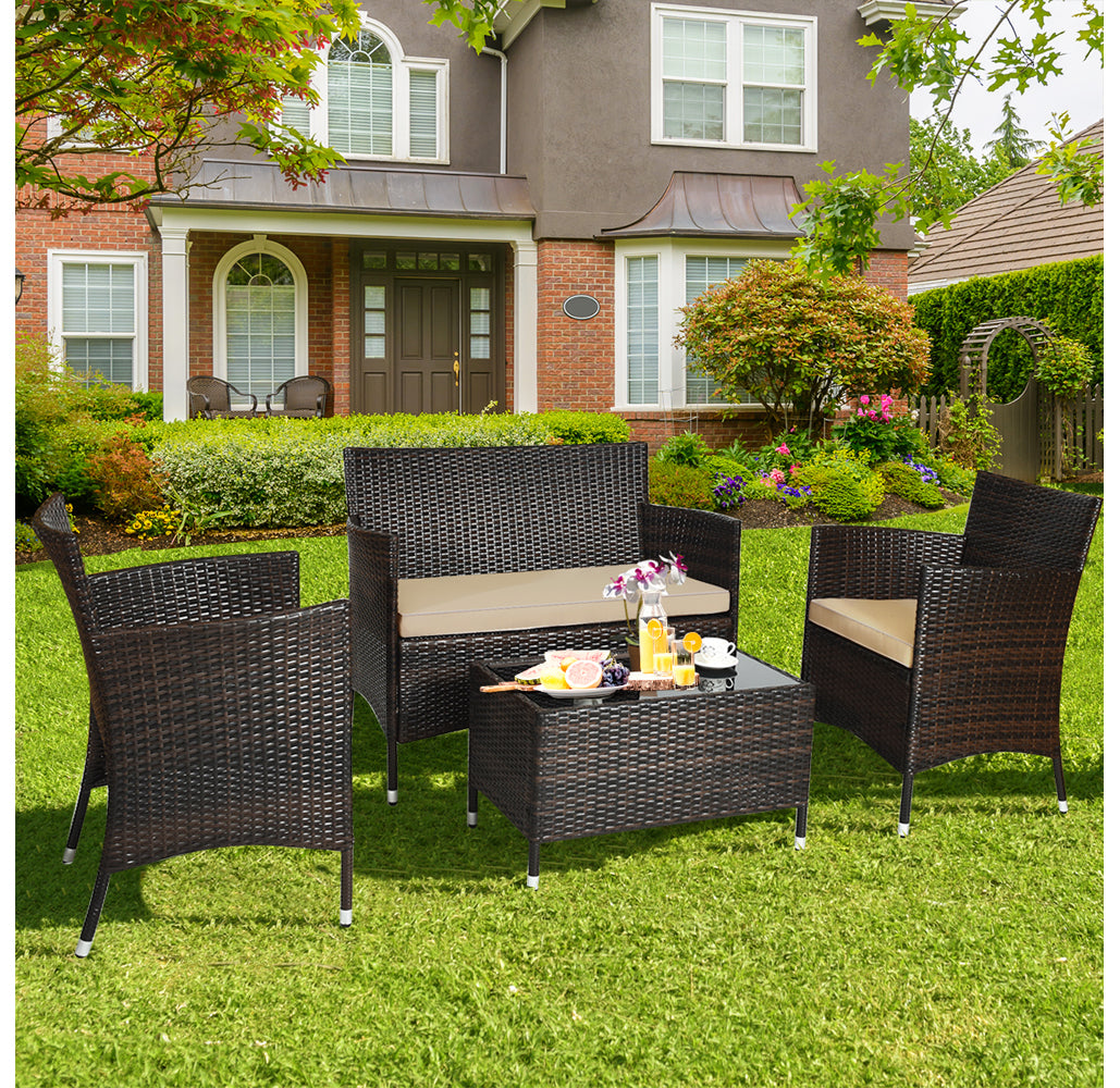 Rattan Outdoor 4-Piece Patio Furniture Set - 4PCS Sofa Set Beige