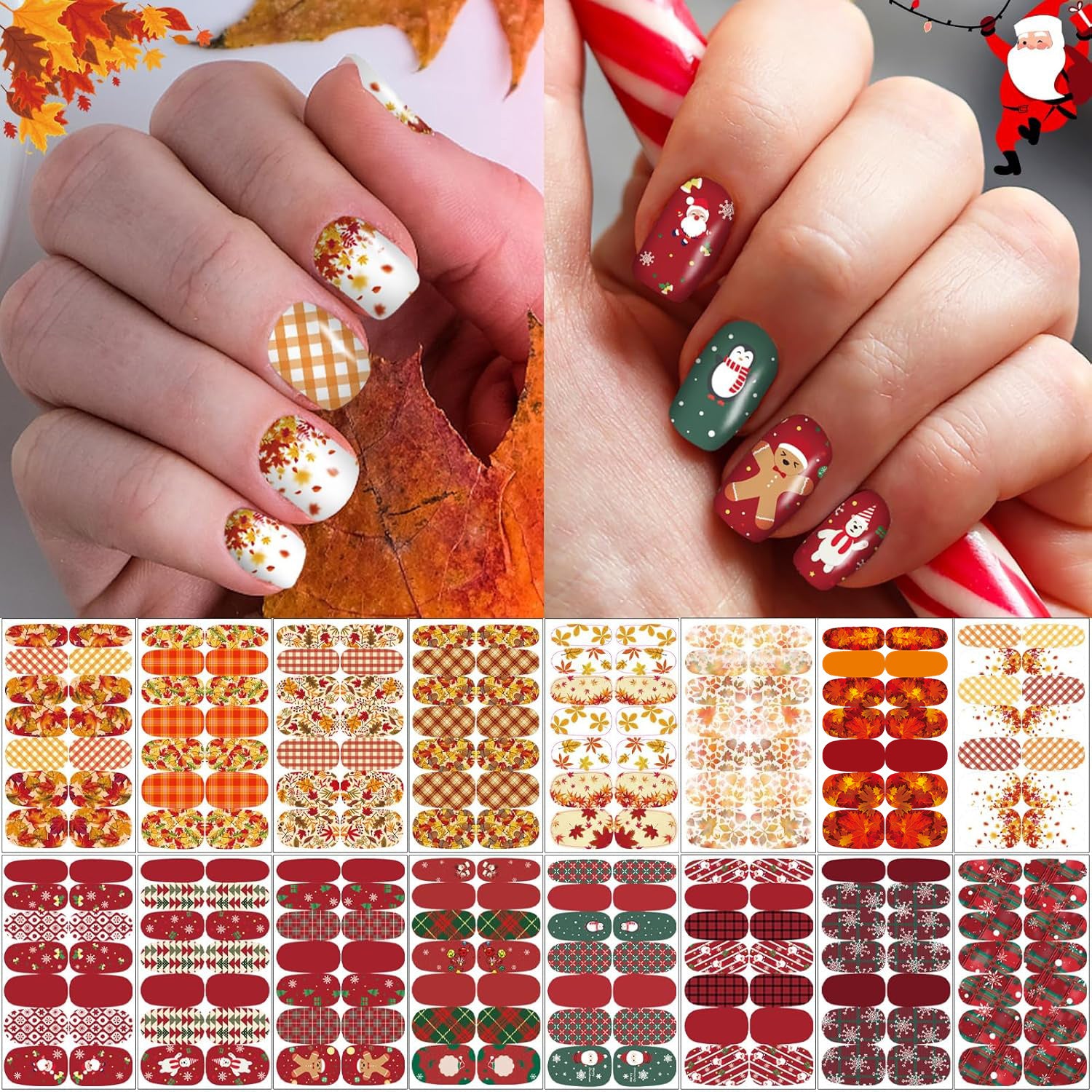 TEMU 16 Sheets Holiday Nail Wraps Stickers, Christmas Thanksgiving Day Fall Winter All Seasonal Full Nail Polish Strips, Diy Self-adhesive Nail Art