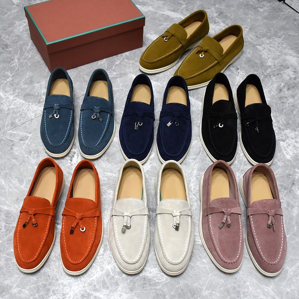 LP Shoes Summer Slip On Loafers For Women Charms Suede Moccasins Apricot Genuine Leather Men Casual Flats Women Luxury Designers Loafers Sue