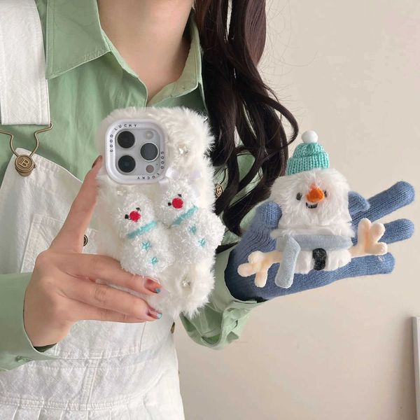 Hot Sale 3D cartoon cute fur snowman plush phone case suitable for iPhone 16 Promax 15 14 13 12 protective case Christmas gift T241209