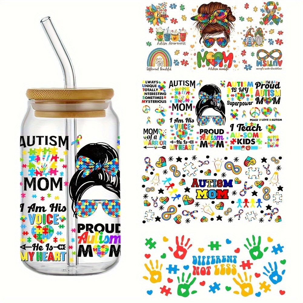 TEMU 4pcs Autism Uv Dtf Cup Wraps Decals Waterproof Transfer Stickers Dly Flash Drill For The Glass 160z Cup Wraps Fashion Women Decals Diy Crafts