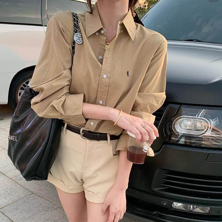 American Casual Polo Pony Blouses Womens Loose Lapel Neck Cotton Shirts Colorful Horse Embroidery Women Fashion Long Sleeved Sweatshirts Designer T