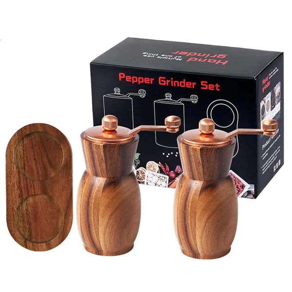 4-5Inch Salt and Pepper Mills Sets Hand Cranked Solid Wood Spice Grinder With Base Adjustable Ceramic Core Salt Shakers Grinding 250117