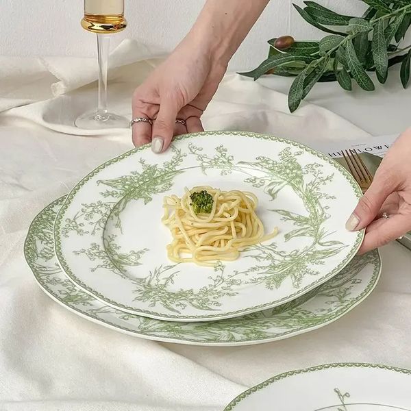 Dishes Plates European Style Jade Green Lily of The Valley Series High-end Exquisite Bone China Western Dining Plate Dessert Plate Tableware