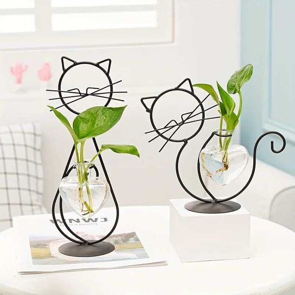 1pc Modern Desktop Planter Vase Holder for Hydroponics Plants - Creative Cat Plant Terrarium Metal Stand for Garden Available Y250116