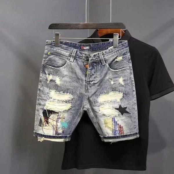 New high street summer ultra-thin denim shorts suitable for men with severe tearing embroidered cat whiskers hip-hop streetwear shorts X2502