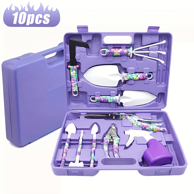 TEMU Garden Tool Set - Purple Printed 10pcs Tool, Ergonomic Handle, Head, Shovel, Rake, Knife, Scissors, Sprayer, Garden Hand Tools With Carrying