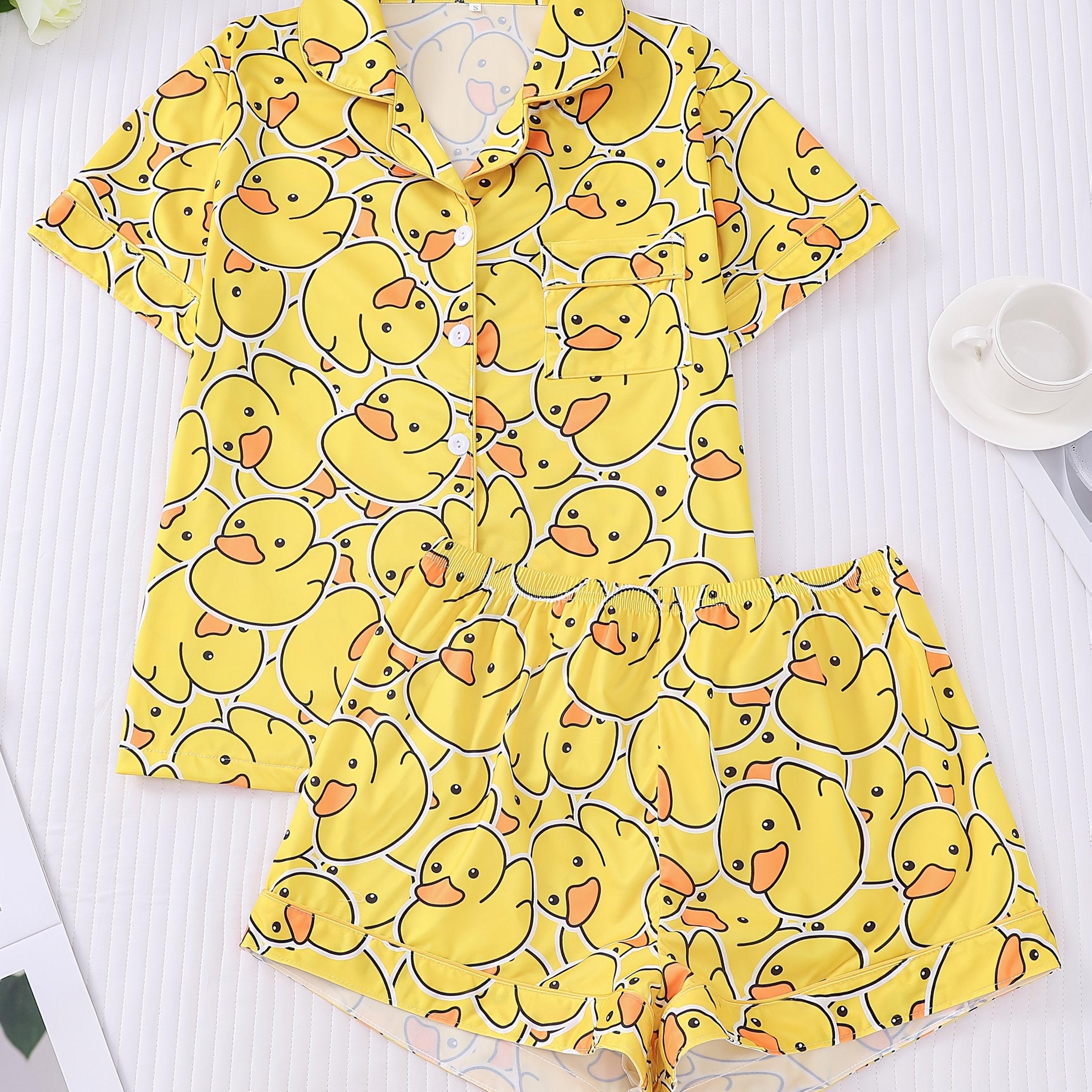 TEMU 2 Piece Women's Sleepwear Set, , Short Sleeved Button Up Top And Matching Shorts, Full Body Printed, Fabric Suitable For All , Collar And Pocket