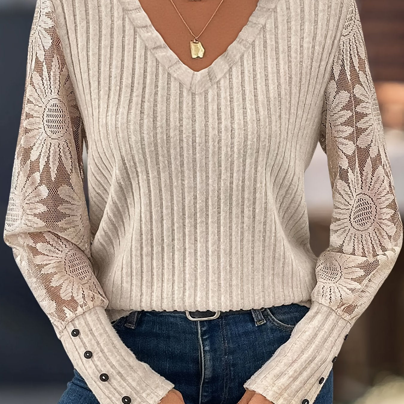 TEMU Long-sleeve T-shirt With A V-neck And Contrasting Color Mesh Button On The Side In Ribbed .