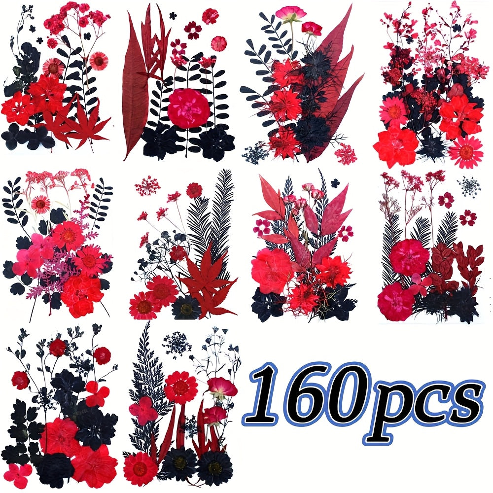 TEMU 160pcs Black And Red Dried Flowers And Plants Combination Diy Embossed Photo Frame Bookmark Dried Flowers Facial Decoration Dried Flowers Phone