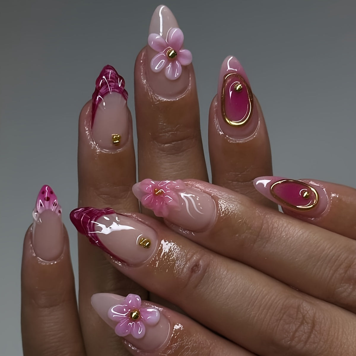 TEMU 24pcs Luxury Press-on Nails Long Almond Shape - Pink & Golden Floral Design With Glossy Finish, Includes Nail File & Jelly Glue For Everyday &