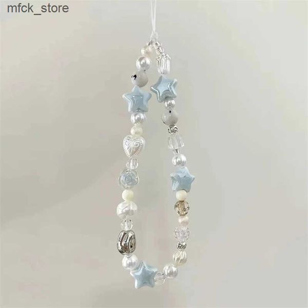 Cell Straps Charms Korean 3D Blue Star Pearl Beaded Phone Chain Trendy Pendant For iPhone Samsung Universal Accessories Lanyard Hanging Rope