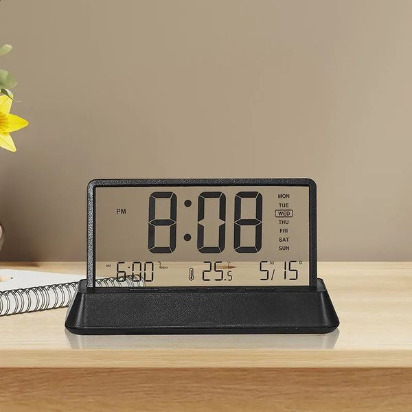 LCD Digital Alarm Clock Transparent Date Week Temperature Display Three Alarms 12-24H Snooze Table Clock Batteries Powered Decor 250120