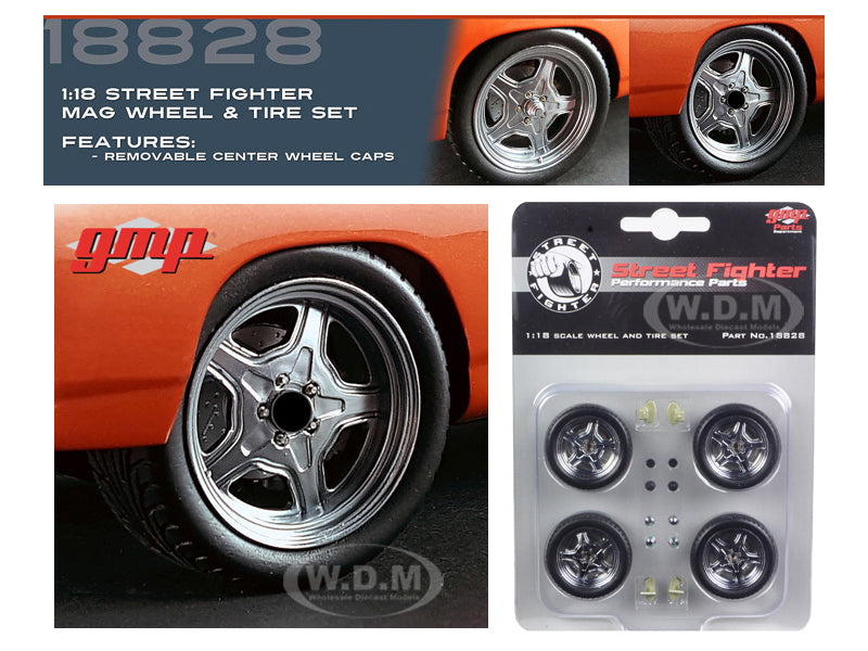 Street Fighter Mag Wheel and Tire Set of 4 pieces from "1970 Plymouth RoadRunner "The Hammer" "Fast &amp; Furious" Movie 1-18 by GMP