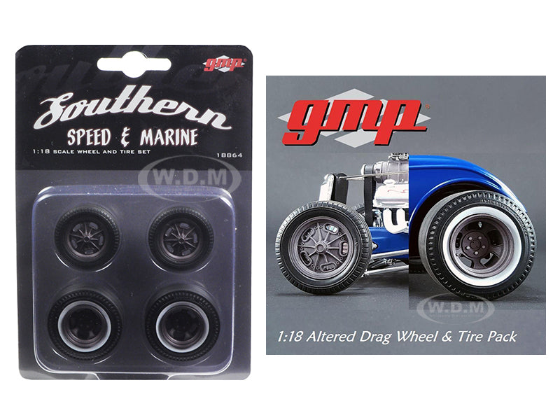 Wheels and Tires Set of 4 Drag Magnesium Finish from 1934 Altered Drag Coupe 1-18 by GMP