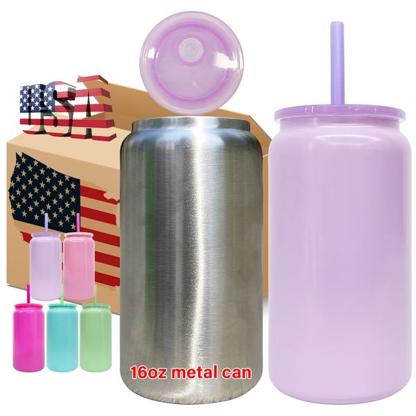 Recyclable blank sublimation candy colorful 16oz stainless steel can tumbler double walled vacuum insulated metal Coffee Mug with clear plas