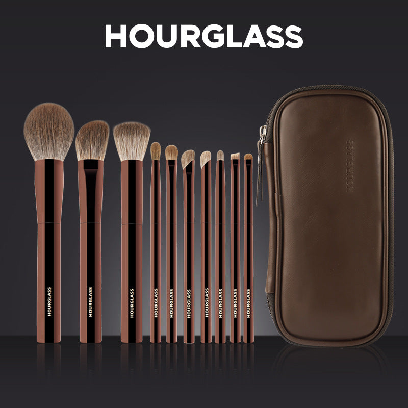 Hourglass Makeup Brushes Set 10Pcs Cosmetic Brush for Face High-End Brushes Set Dark-Bronze Metal Handle Beauty Tools