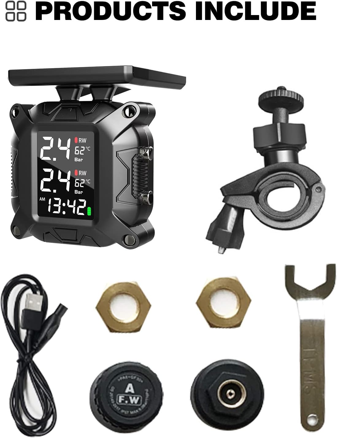 Motorcycle TPMS wireless tire pressure monitoring system, IP67 waterproof and dustproof wireless belt with 2 external sensors and digital LCD displa